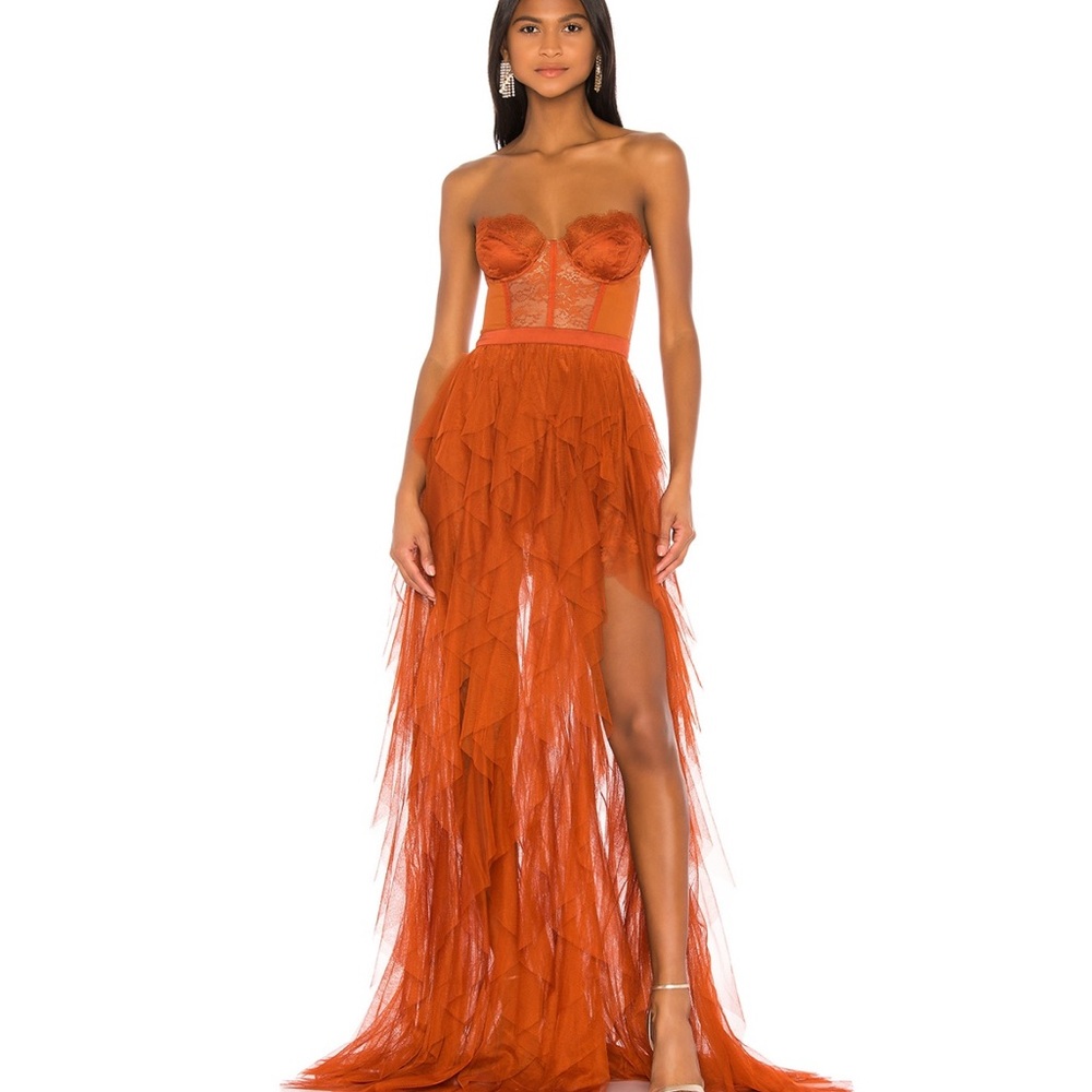 For Love And Lemons x Revolve Bustier Gown in Rust